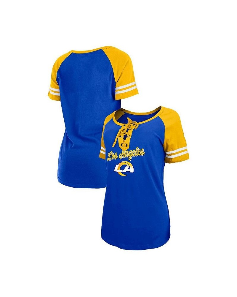 Women's Royal Gold Los Angeles Rams Logo Lace-Up Raglan T-shirt Blue $20.58 Tops