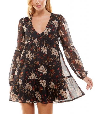 Juniors' Printed Long-Sleeve Fit & Flare Dress Black Floral $19.03 Dresses