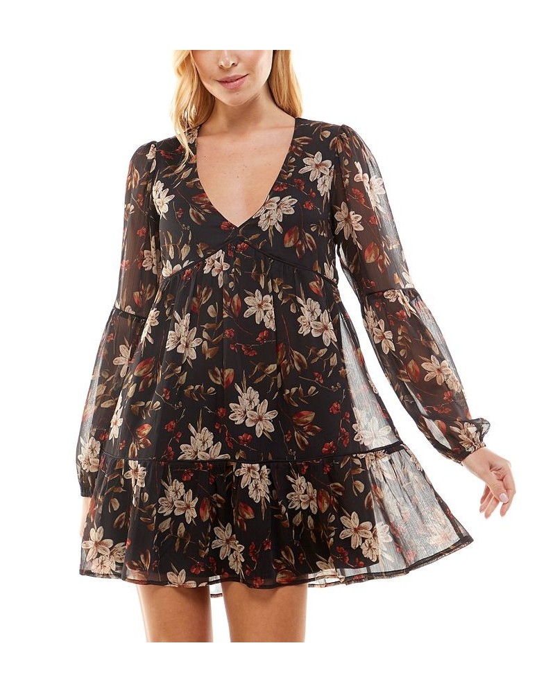 Juniors' Printed Long-Sleeve Fit & Flare Dress Black Floral $19.03 Dresses