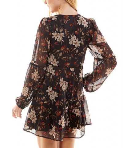 Juniors' Printed Long-Sleeve Fit & Flare Dress Black Floral $19.03 Dresses