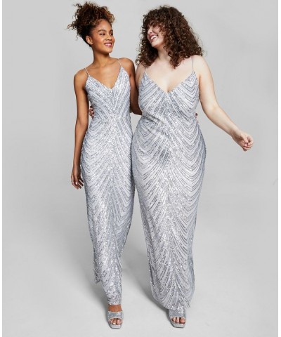 Juniors' Sequined Bungee-Strap Gown Grey/Silver $48.00 Dresses