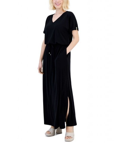 Petite Side-Slit Drawstring-Waist Dress Black $44.78 Dresses