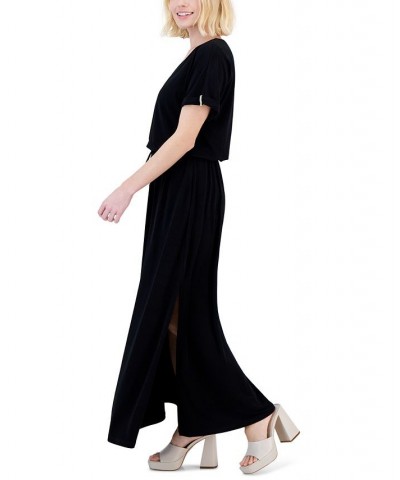 Petite Side-Slit Drawstring-Waist Dress Black $44.78 Dresses