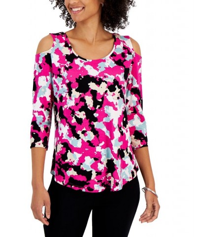 Petite Camo-Print Cold-Shoulder Top Wildflower Pink Combo $13.80 Tops