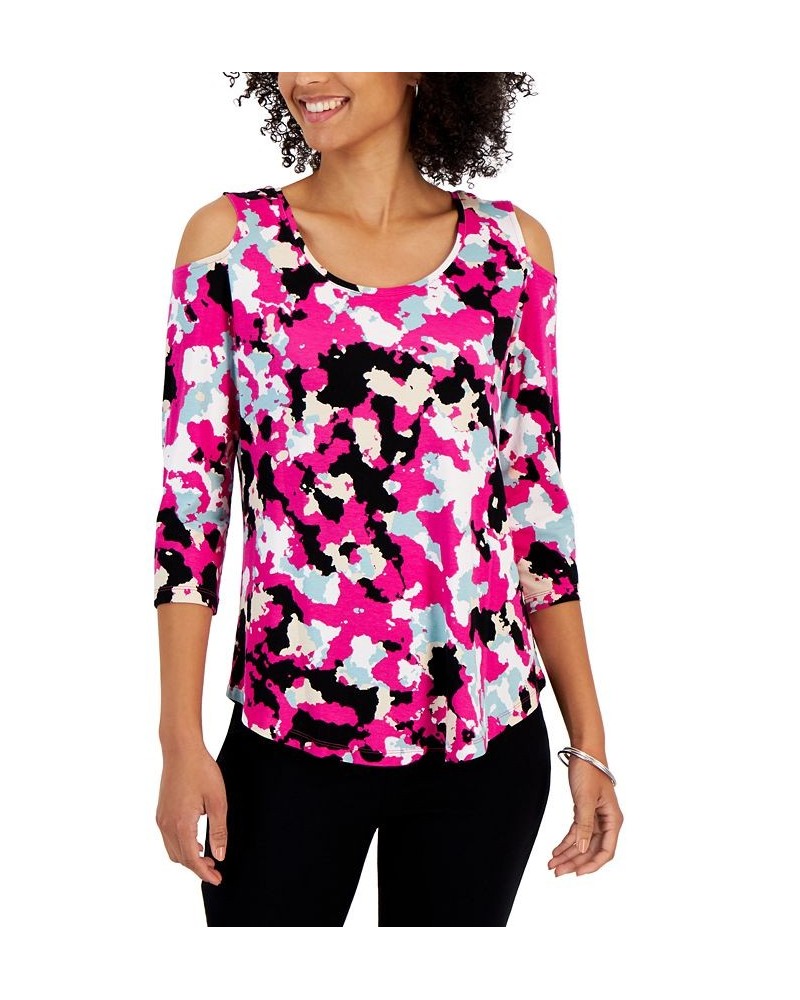 Petite Camo-Print Cold-Shoulder Top Wildflower Pink Combo $13.80 Tops