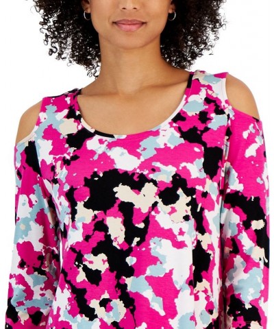 Petite Camo-Print Cold-Shoulder Top Wildflower Pink Combo $13.80 Tops