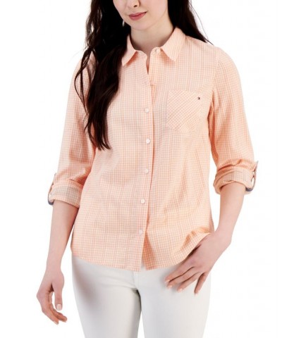 Women's Cotton Roll-Tab Gingham Shirt Orange $20.70 Tops