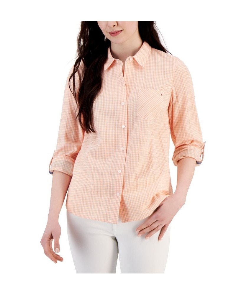 Women's Cotton Roll-Tab Gingham Shirt Orange $20.70 Tops