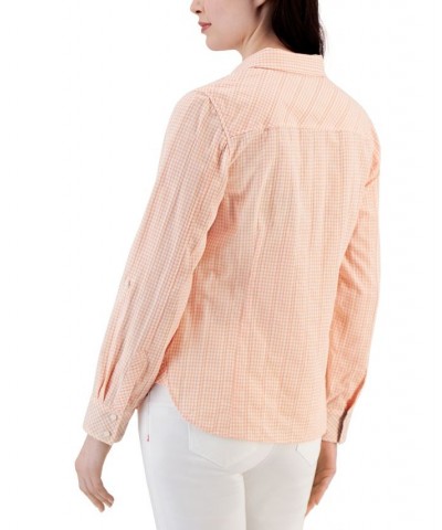 Women's Cotton Roll-Tab Gingham Shirt Orange $20.70 Tops