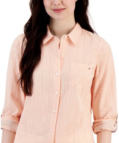 Women's Cotton Roll-Tab Gingham Shirt Orange $20.70 Tops