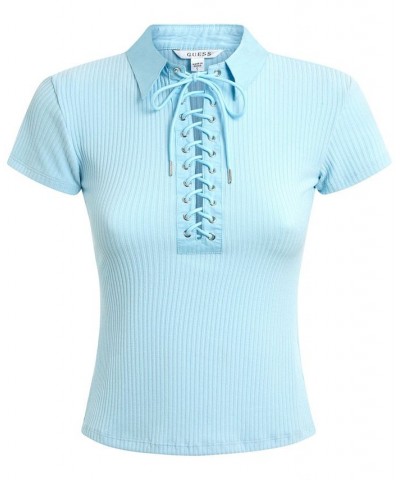 Women's Jordin Lace-Up Short-Sleeve Polo Top Blue $33.97 Tops