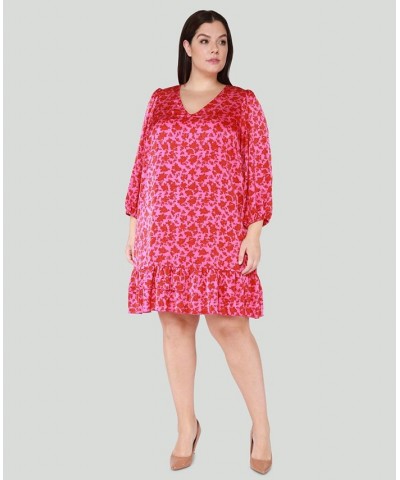 Trendy Plus Size Floral Print 3/4-Sleeve Swing Dress Hot Pink Roses $30.36 Dresses