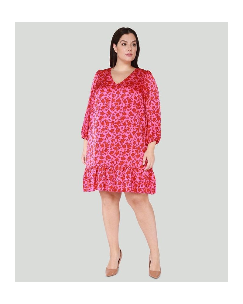 Trendy Plus Size Floral Print 3/4-Sleeve Swing Dress Hot Pink Roses $30.36 Dresses