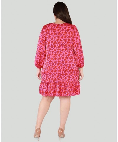 Trendy Plus Size Floral Print 3/4-Sleeve Swing Dress Hot Pink Roses $30.36 Dresses