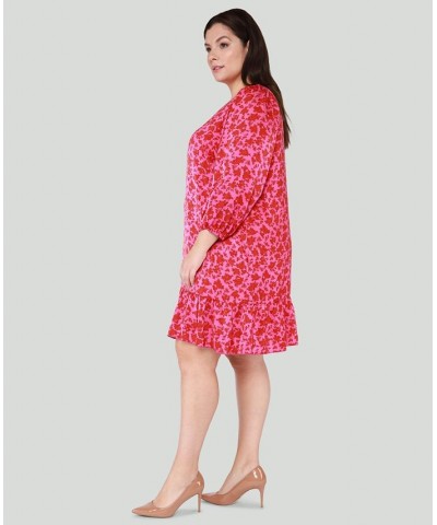 Trendy Plus Size Floral Print 3/4-Sleeve Swing Dress Hot Pink Roses $30.36 Dresses