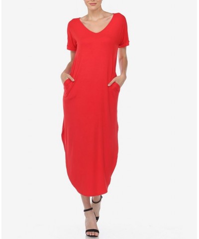 Women's Short Sleeve V-Neck Maxi Dress Red $32.00 Dresses