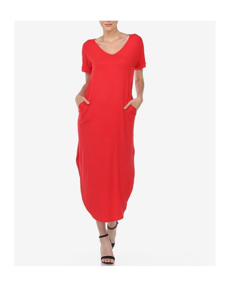 Women's Short Sleeve V-Neck Maxi Dress Red $32.00 Dresses