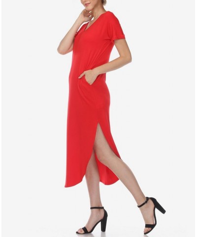 Women's Short Sleeve V-Neck Maxi Dress Red $32.00 Dresses