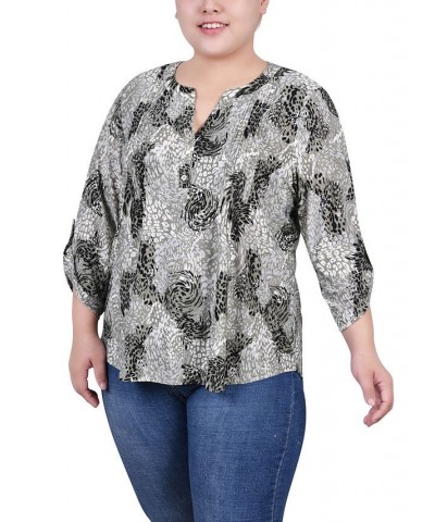 Plus Size 3/4 Roll Tab Sleeve Y-Neck Top Shadow Black Animal $13.14 Tops