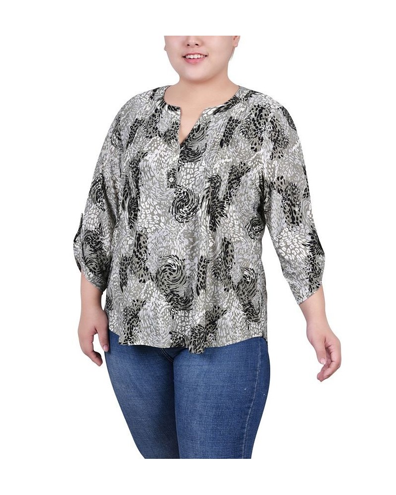 Plus Size 3/4 Roll Tab Sleeve Y-Neck Top Shadow Black Animal $13.14 Tops