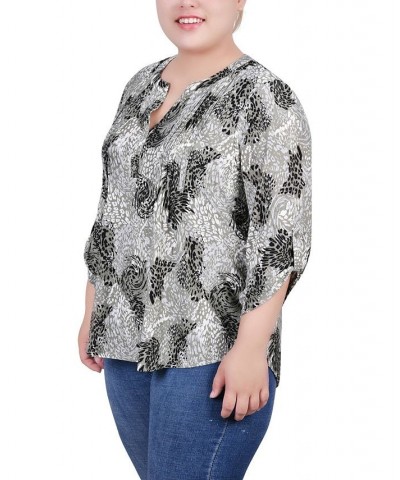 Plus Size 3/4 Roll Tab Sleeve Y-Neck Top Shadow Black Animal $13.14 Tops