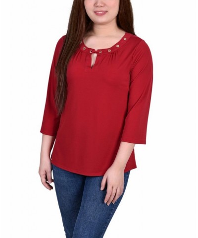 Petite Size 3/4 Sleeve Grommet Top Red $14.88 Tops