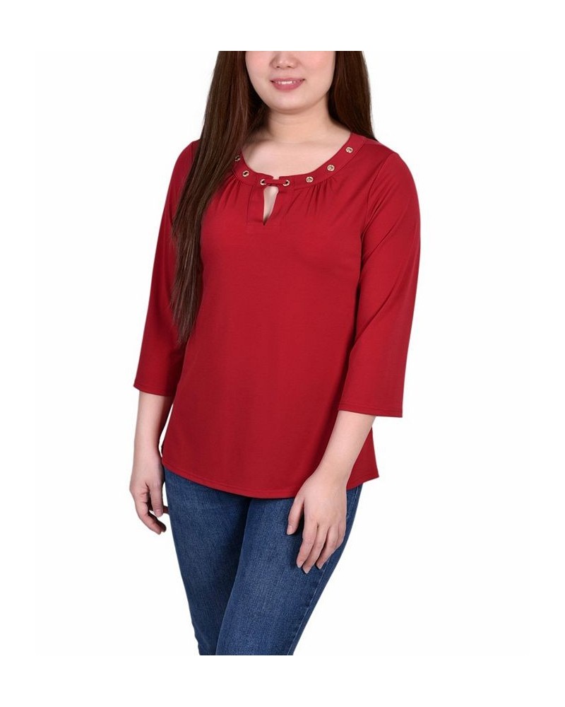 Petite Size 3/4 Sleeve Grommet Top Red $14.88 Tops