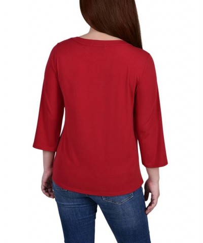 Petite Size 3/4 Sleeve Grommet Top Red $14.88 Tops