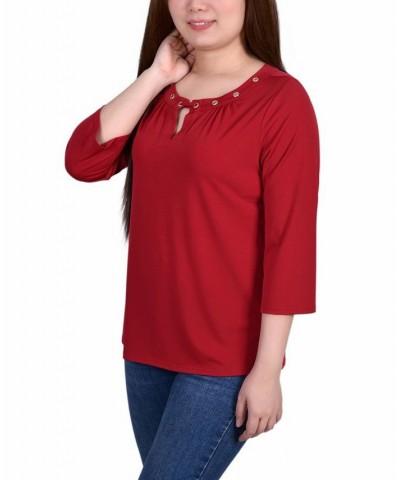 Petite Size 3/4 Sleeve Grommet Top Red $14.88 Tops