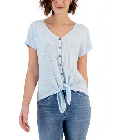 Juniors' Waffle-Knit Tie-Hem Button-Front Top Blue $9.68 Tops