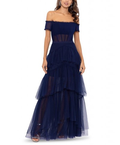 Mesh Tiered Gown Blue $115.50 Dresses