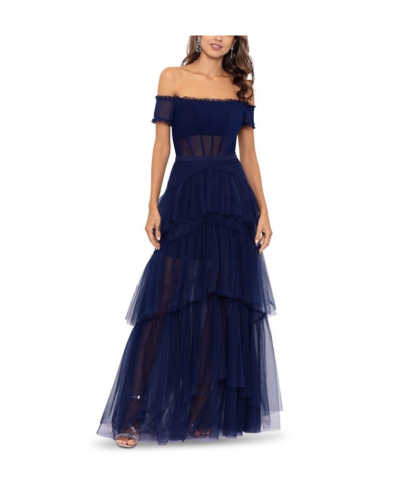 Mesh Tiered Gown Blue $115.50 Dresses