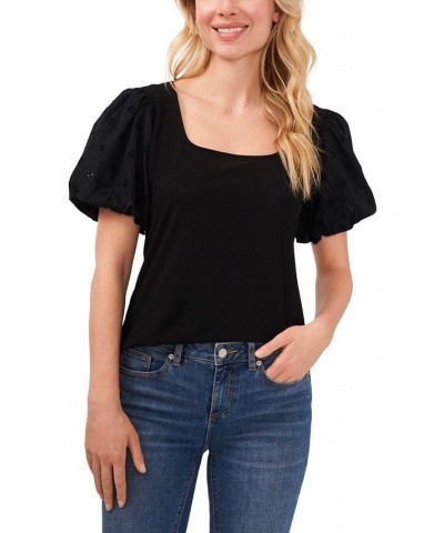 Women's Balloon Eyelet Sleeve Square Neck Knit Top Rich Black $26.85 Tops