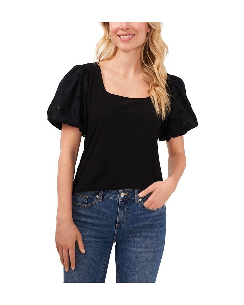 Women's Balloon Eyelet Sleeve Square Neck Knit Top Rich Black $26.85 Tops