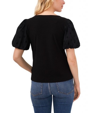 Women's Balloon Eyelet Sleeve Square Neck Knit Top Rich Black $26.85 Tops