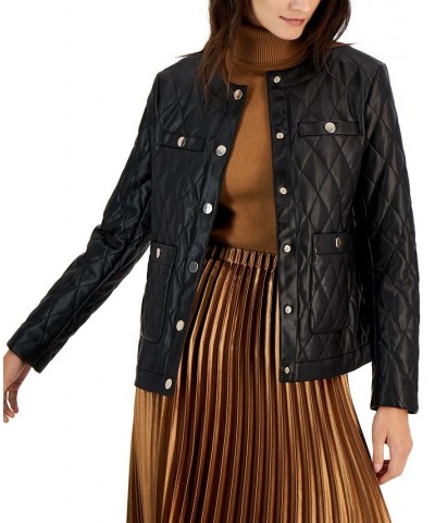 Women's Collarless Quilted Faux-Leather Jacket Anne Black $43.02 Jackets