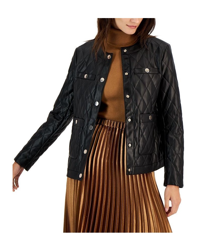 Women's Collarless Quilted Faux-Leather Jacket Anne Black $43.02 Jackets