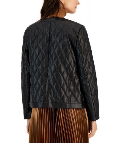 Women's Collarless Quilted Faux-Leather Jacket Anne Black $43.02 Jackets