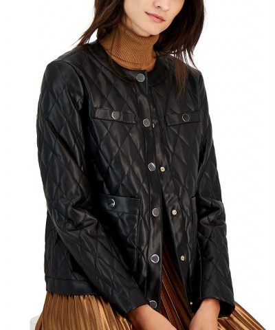 Women's Collarless Quilted Faux-Leather Jacket Anne Black $43.02 Jackets