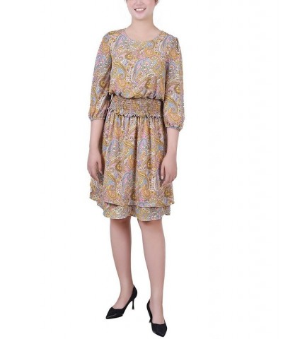 Petite Size 34 Sleeve Dobby Smocked Waist Dress Mustard Paisley $15.60 Dresses