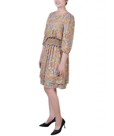 Petite Size 34 Sleeve Dobby Smocked Waist Dress Mustard Paisley $15.60 Dresses