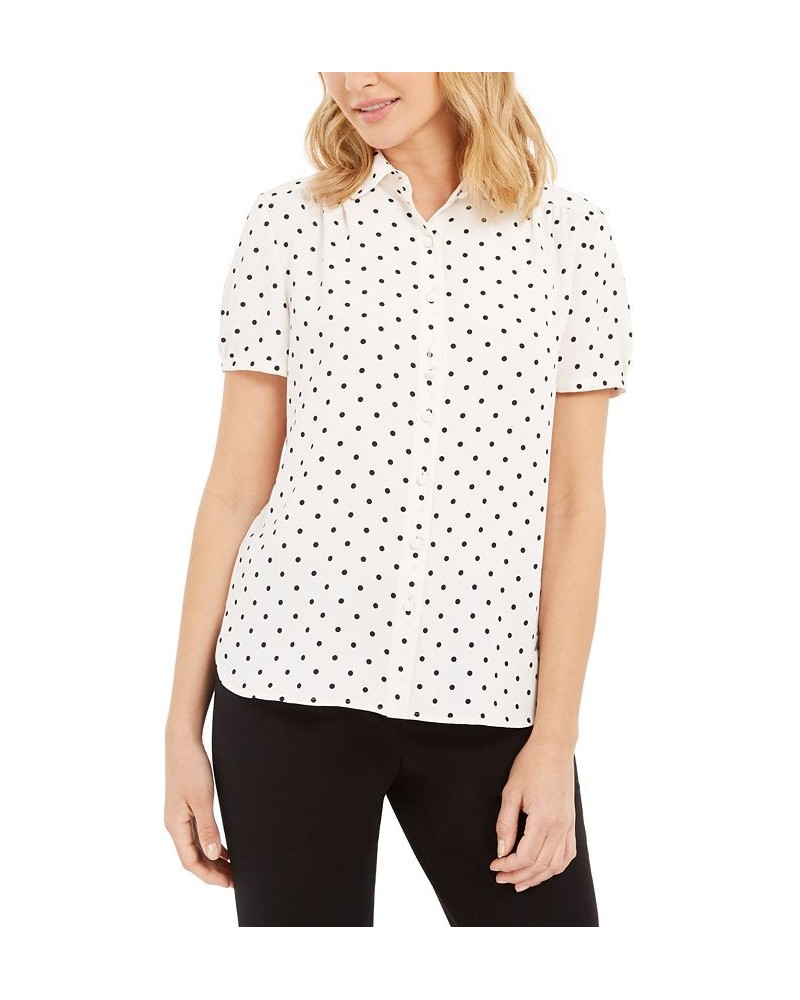 Dot-Print Button-Up Short-Sleeve Blouse White/Black $42.72 Tops