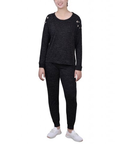 Petite Size Long Sleeve Grommet Jogger Set 2 Piece Black $18.92 Outfits