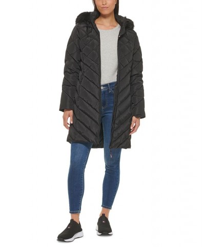 Women's Faux-Fur-Trim Hooded Puffer Coat Black $70.20 Coats