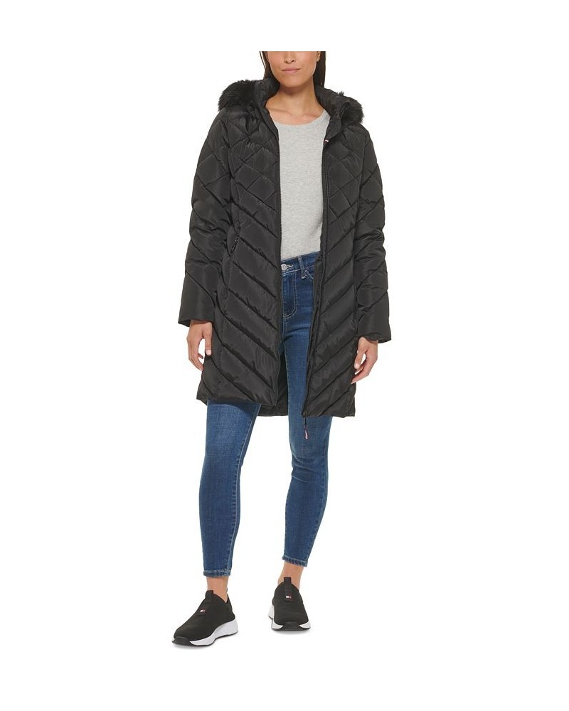 Women's Faux-Fur-Trim Hooded Puffer Coat Black $70.20 Coats