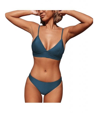 Women's Solid Color Triangle Bikini Set Padded Bikini Set Blue $26.39 Swimsuits