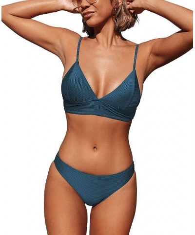 Women's Solid Color Triangle Bikini Set Padded Bikini Set Blue $26.39 Swimsuits