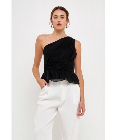 Women's One Shoulder Shirred Tulle Top Black $34.10 Tops