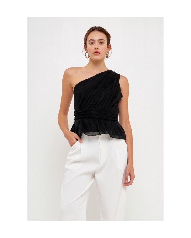 Women's One Shoulder Shirred Tulle Top Black $34.10 Tops