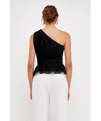 Women's One Shoulder Shirred Tulle Top Black $34.10 Tops